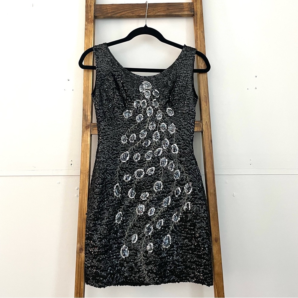 VTG 50s/60s Black All Sequin Wool Wiggle Mini Dress Peacock Feather Motif XS